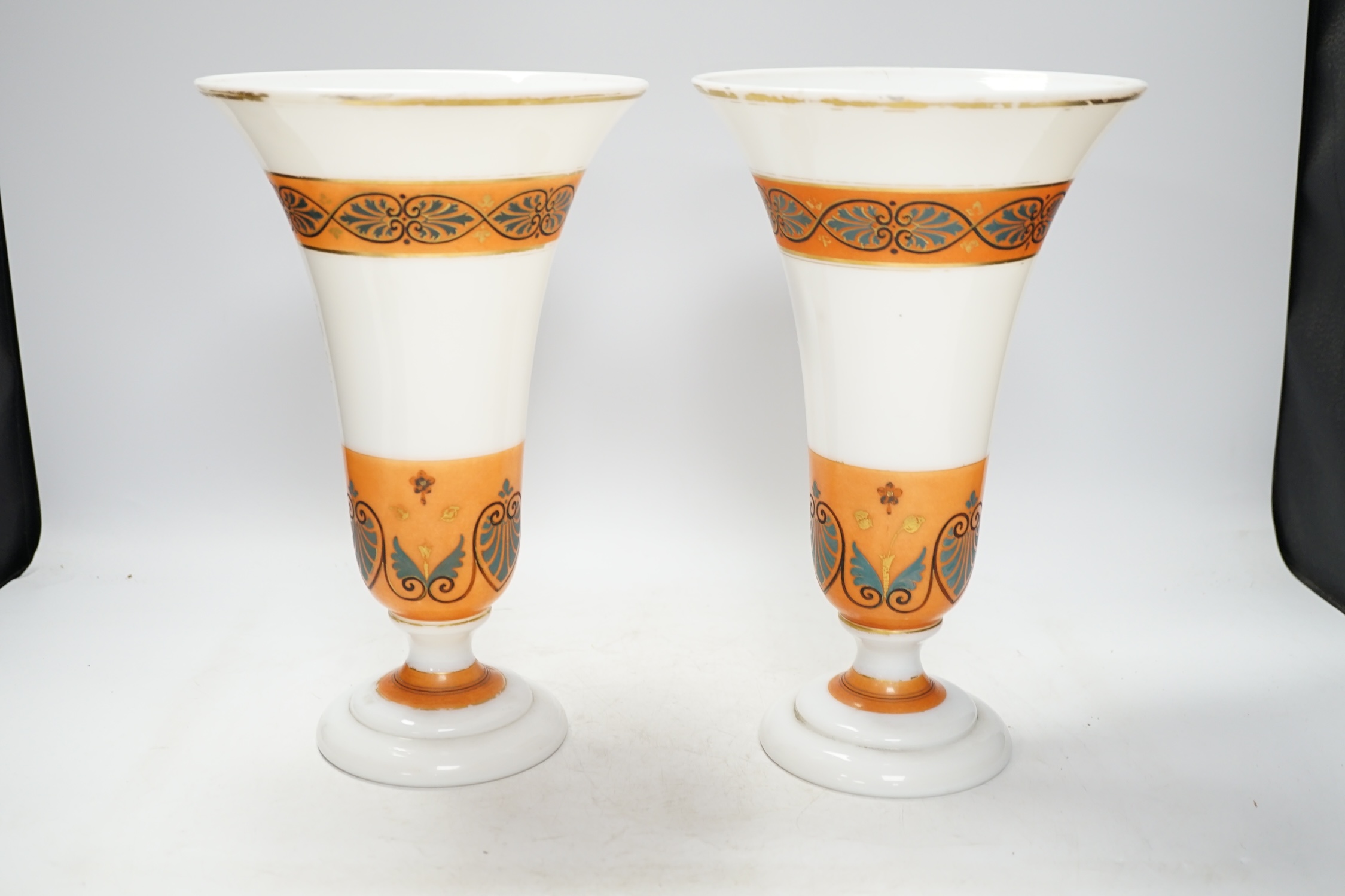 A pair of 19th century Stourbridge glass vases, Etruscan design, 30cm. Condition - fair, some wear to gilding